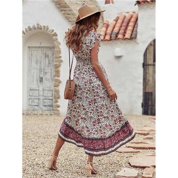 Women's Summer Maxi Dress Casual Floral V Neck Cap Sleeves Boho High Low Midi - Picture 2 of 6